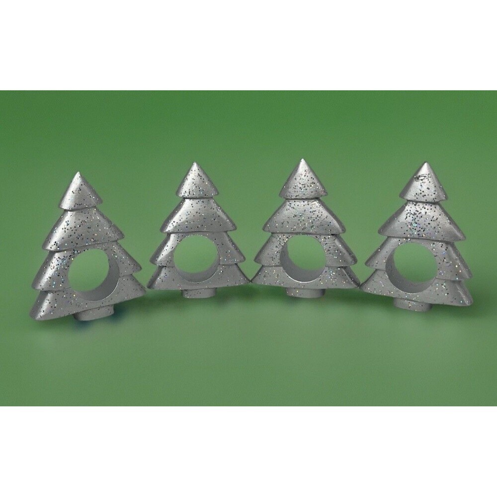 Wooden Christmas Tree Shaped Napkin Ring Holders Set of 4 3.25"T Silver Glitter